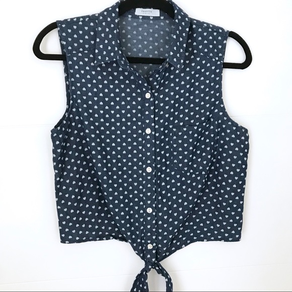 Rosette Tops - Denim Hearts Tie Front Crop Top